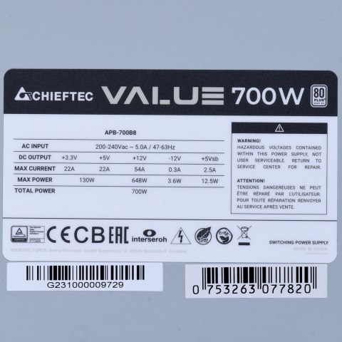 ZASILACZ CHIEFTEC SERIA VALUE APB-700B8 700W