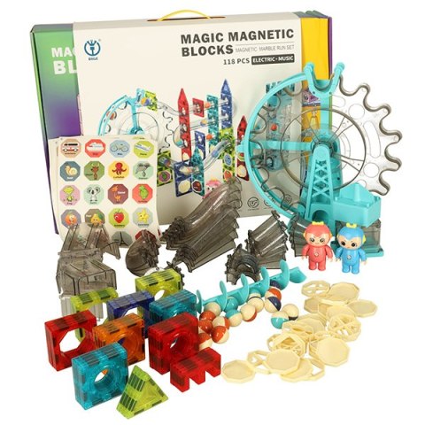 Klocki magnetyczne magnetic sticks marble tor kulkowy z dźwiękiem muzyką grający 118 elementów