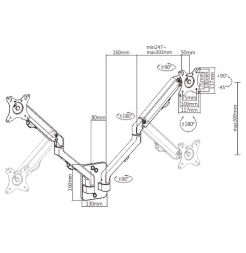 GEMBIRD REGULOWANE RAMIĘ NA 2 MONITORY DO MONTAŻU NA ŚCIANIE 17-27, 100X100MM, DO 7 KG