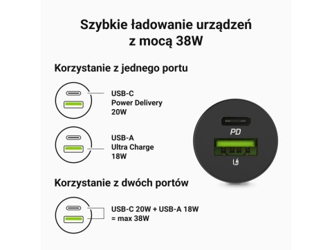 GREEN CELL ŁADOWARKA SAMOCHODOWA GC POWERRIDE NANO38 38W 6A 1X USB-C 1X USB-A