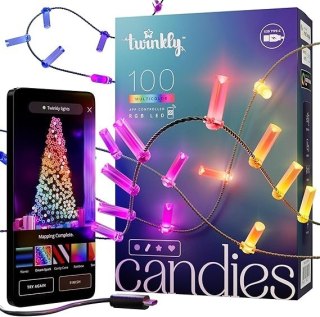 Twinkly Candies - 100 Lampki w kształcie świeczki RGB LEDs, zielony przewód, USB-C