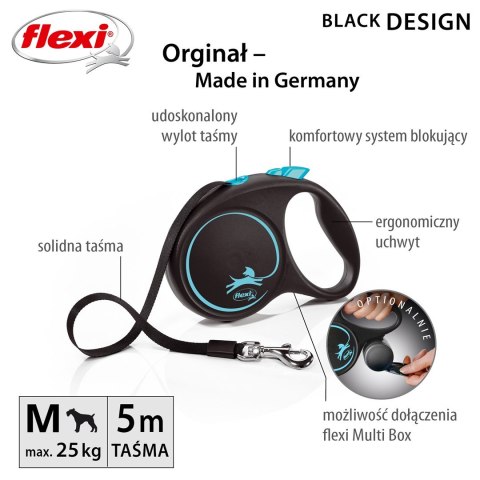 Smycz flexi automatyczna Black Design M taśma 5 m - dla psa do 25 kg, kolor niebieski