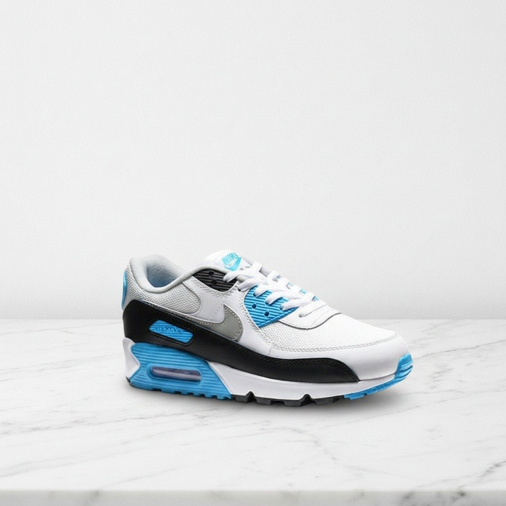 Nike Air Max 90 na co dzień, wygodne sneakersy unisex, biel i niebieski z szarym akcentem, skóra i materiał CJ6779-100