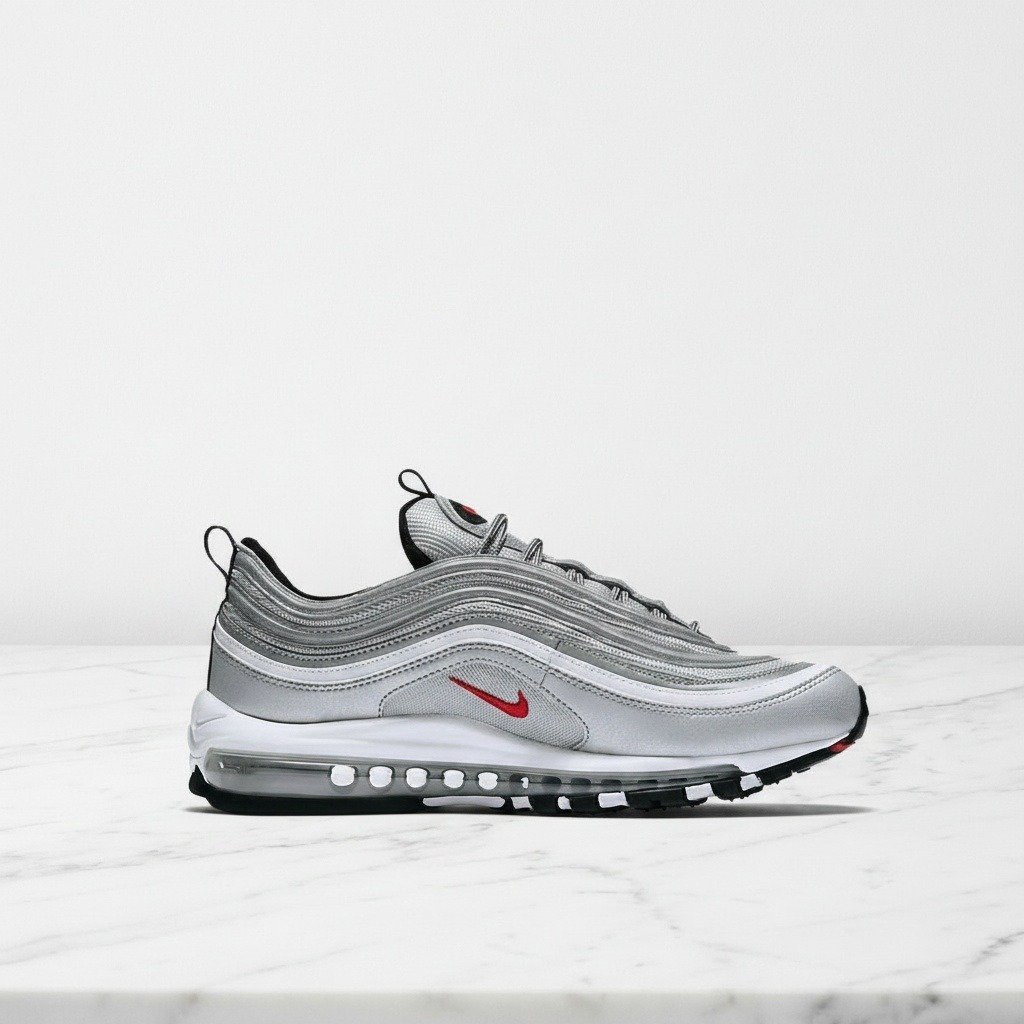 Buty Nike Air Max 97 Silver Bullet na co dzień, srebrno białe sneakersy unisex, wygodna amortyzacja pięty, 884421-001