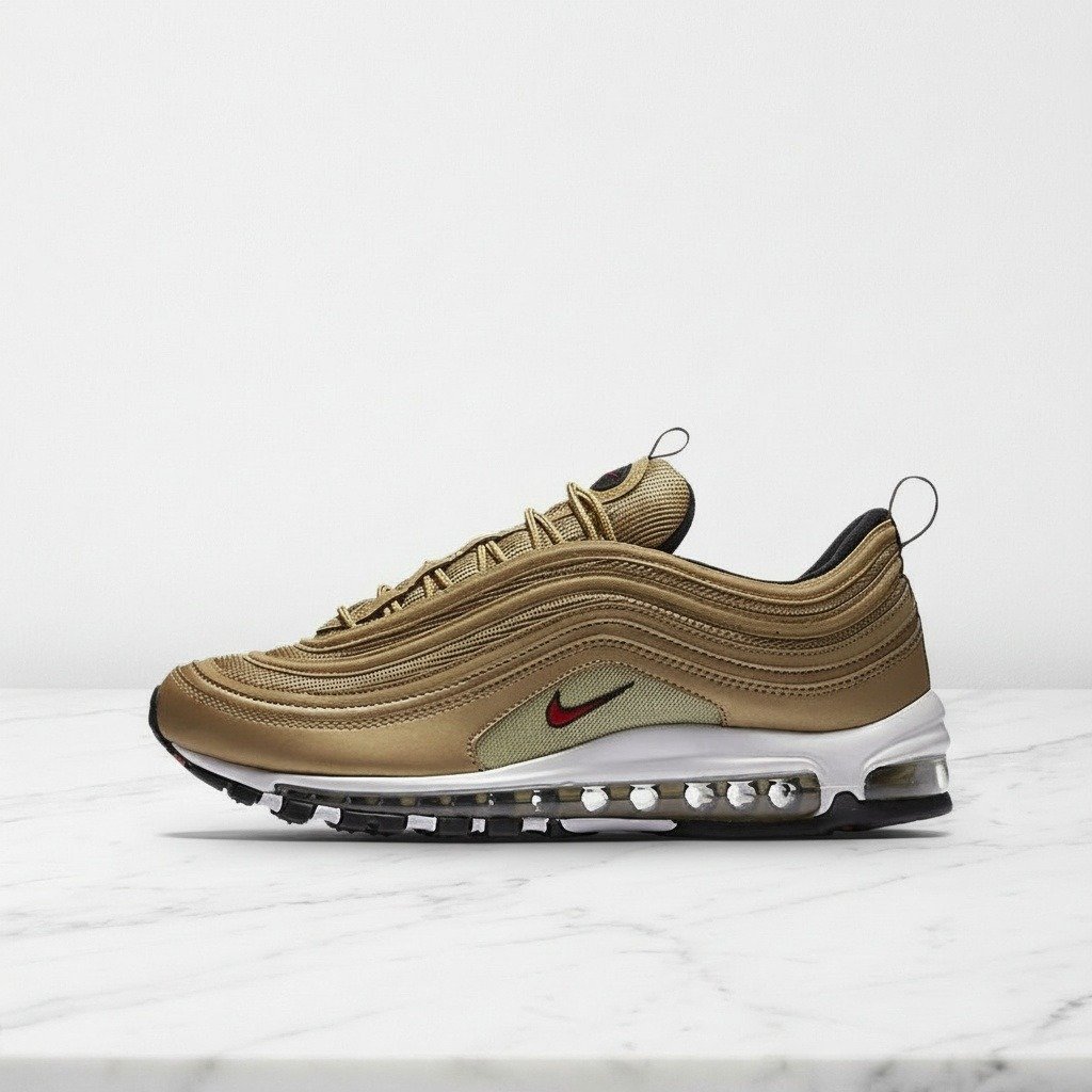 Nike Air Max 97 OG QS Metallic Gold, wygodne sneakersy unisex na co dzień, złote ze skóry, pasują do wielu stylizacji, 884421-700