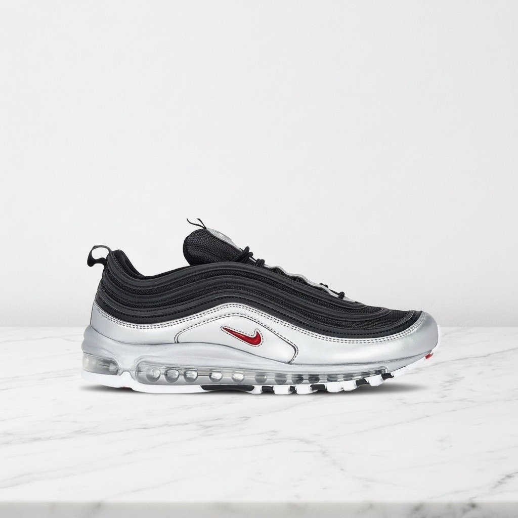 Nike Air Max 97 Silver Black, wygodne sneakersy unisex na co dzień, czarno-srebrne, skóra i tkanina, AT5458-001