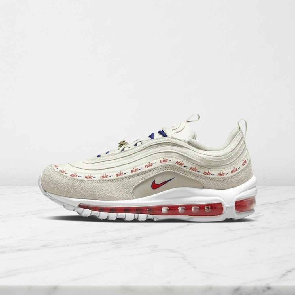Nike Air Max 97 SE First Use, wygodne sneakersy unisex na co dzień, kolor kremowy i błękitny, tekstyl i syntetyk DC4013-001