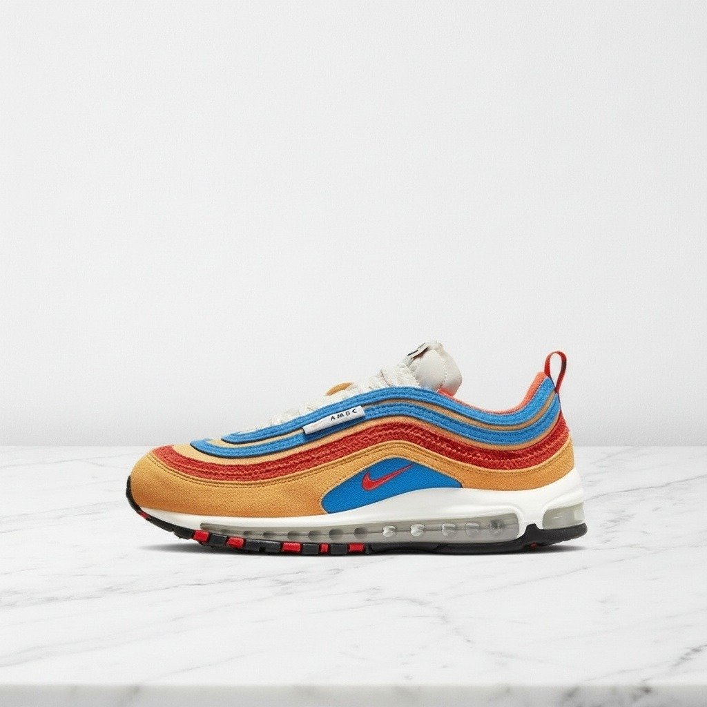 Nike Air Max 97 Running Club Pollen Orange, wygodne sneakersy unisex na co dzień, tekstyl i zamsz DH1085-700