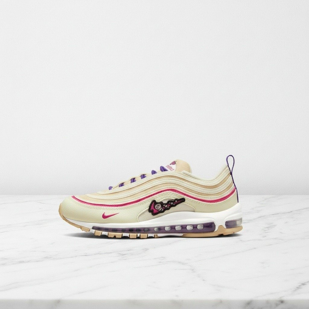 Nike Air Max 97 SE Air Sprung Cream, wygodne sneakersy unisex na co dzień, beżowo fioletowe, tekstyl i zamsz DH4759-200