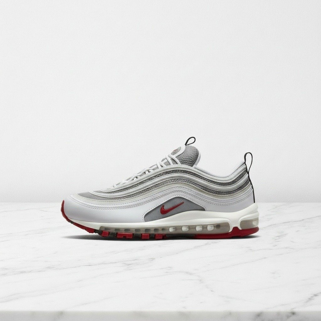 Nike Air Max 97 White Bullet, wygodne sneakersy unisex na co dzień, biało szare, pasują do wielu stylizacji DM0027-100