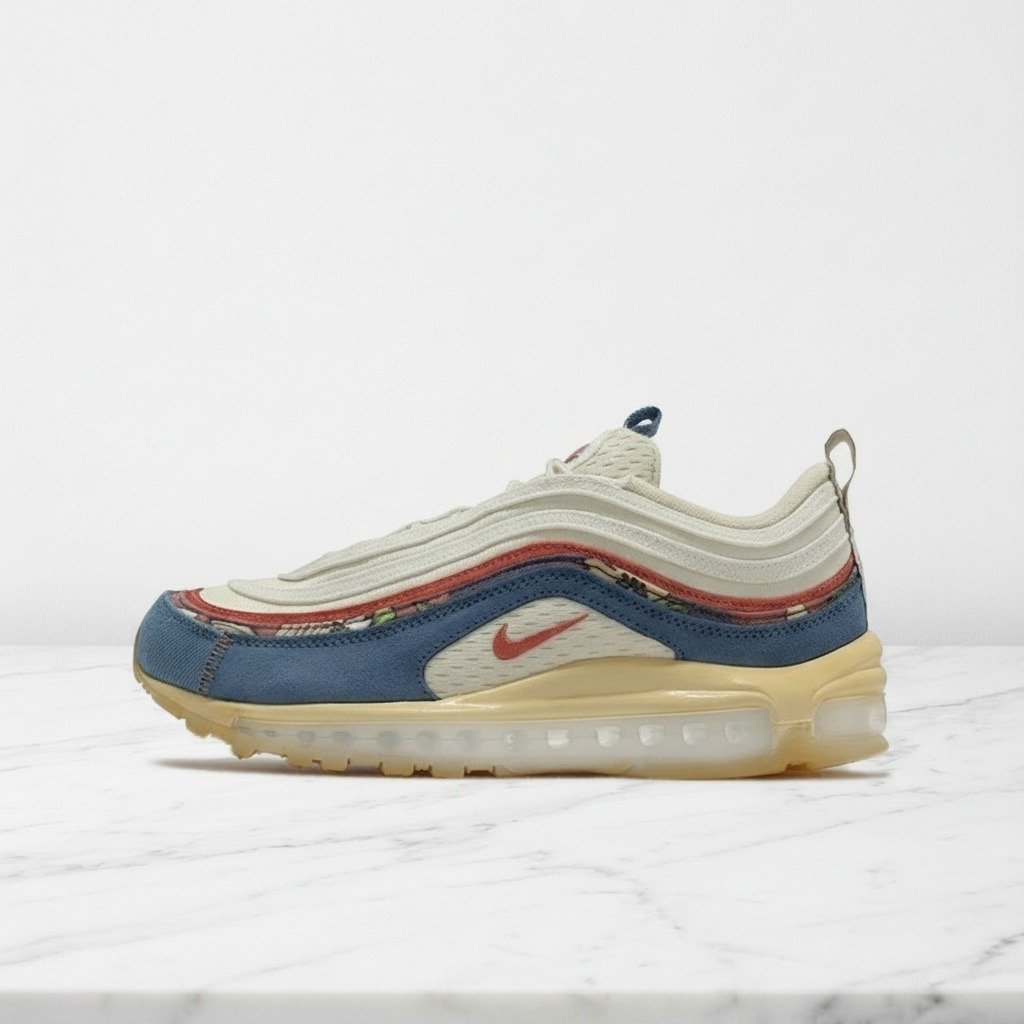 Buty Nike Air Max 97 Coconut Milk Fossil Denim Red na co dzień, wygodne sneakersy unisex, beżowo niebieskie DV1486-162