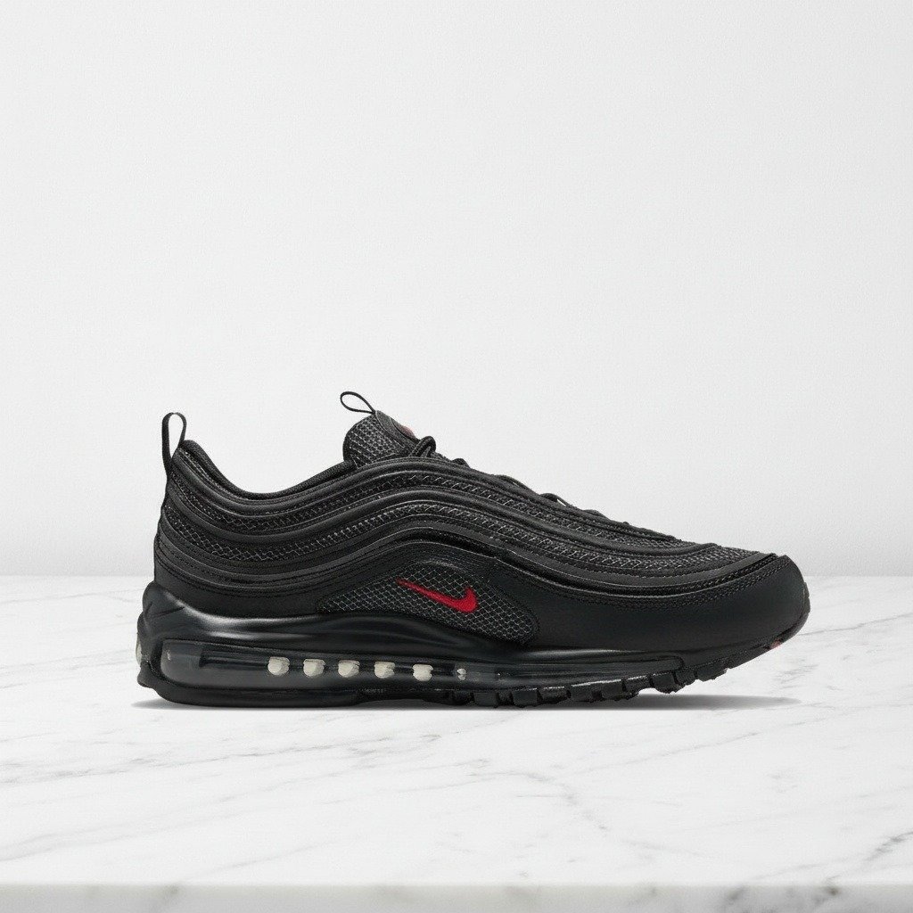Hej, sprawdź Nike Air Max 97 Bred, wygodne buty męskie na każdą okazję, czarno-czerwone, tekstylno-syntetyczne, DV3486-001
