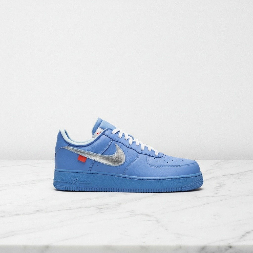 Sneakersy Air Force 1 Low Off-White MCA od Nike, buty unisex na co dzień, wygodna skórzana cholewka, niebiesko-białe, CI1173-400