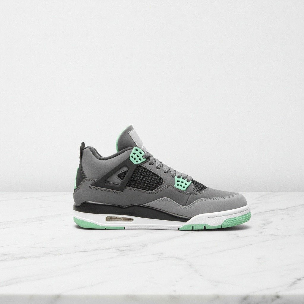 Air Jordan 4 Green Glow, wygodne sneakersy unisex na co dzień, szare z zielonymi akcentami, nubuk syntetyczny 308497-033