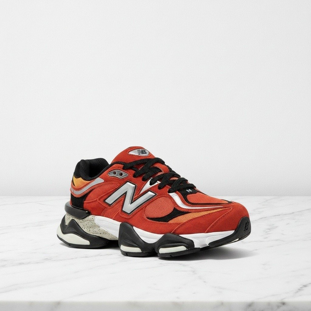 New Balance 9060 Fire Sign, wygodne sneakersy unisex na co dzień, czerwono czarne, zamsz i siatka, amortyzująca podeszwa U9060DMG