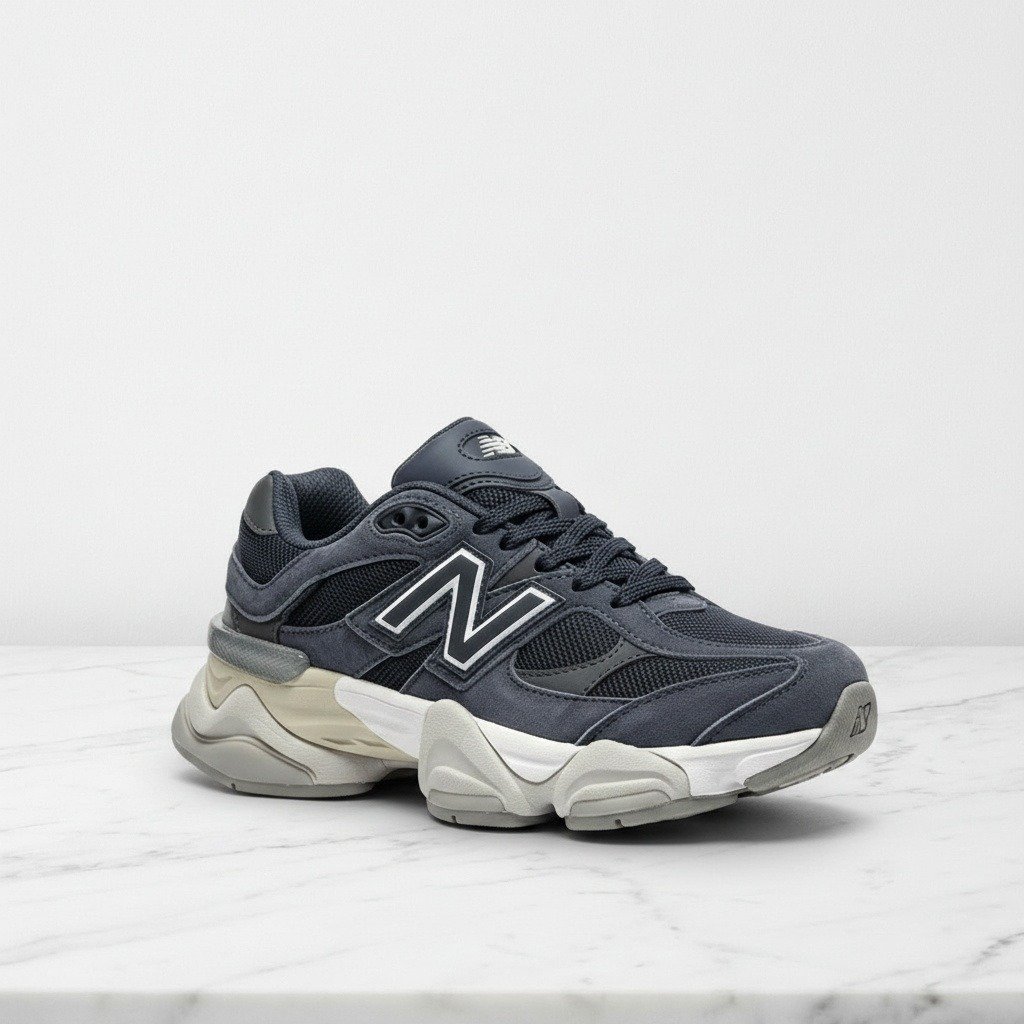 Buty New Balance 9060 w kolorze granatowo szarym, wygodne sneakersy unisex na co dzień, zamsz i siatka, sznurowane U9060NV