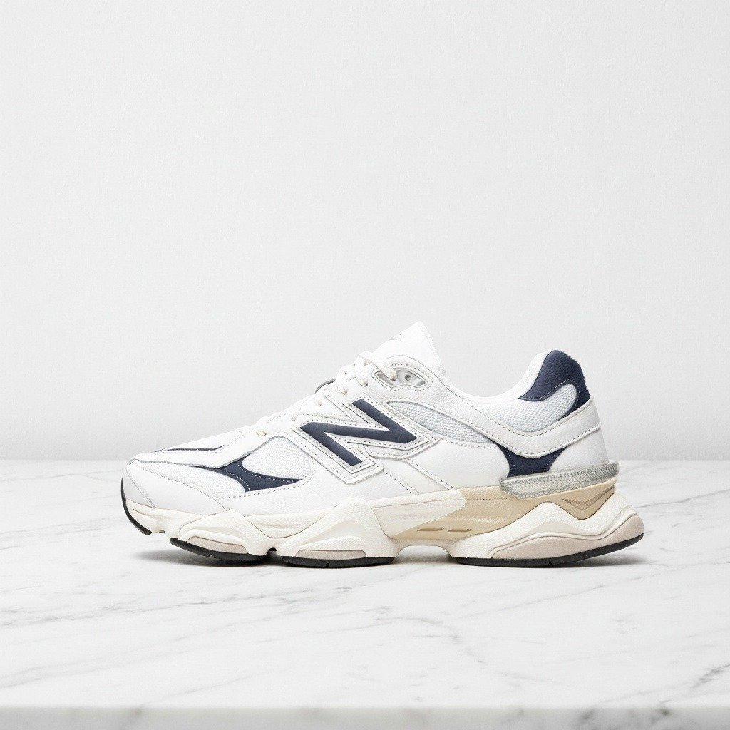 Buty New Balance 9060 White Navy na co dzień, unisex, wygodne sneakersy biało granatowe, siatka i zamsz, U9060VNB