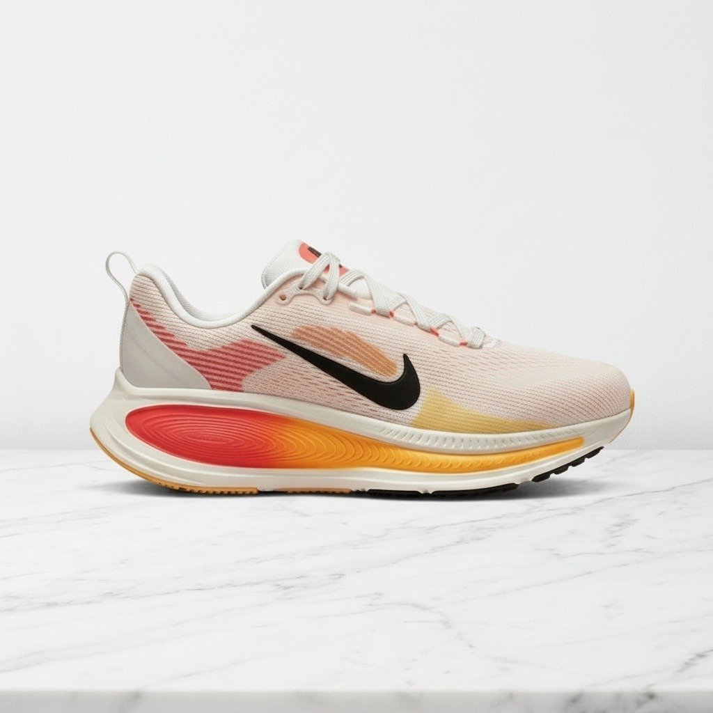 Buty Nike Vomero 18 biało pomarańczowe, wygodne na co dzień i do biegania, siatkowa cholewka, unisex, HM6804-100