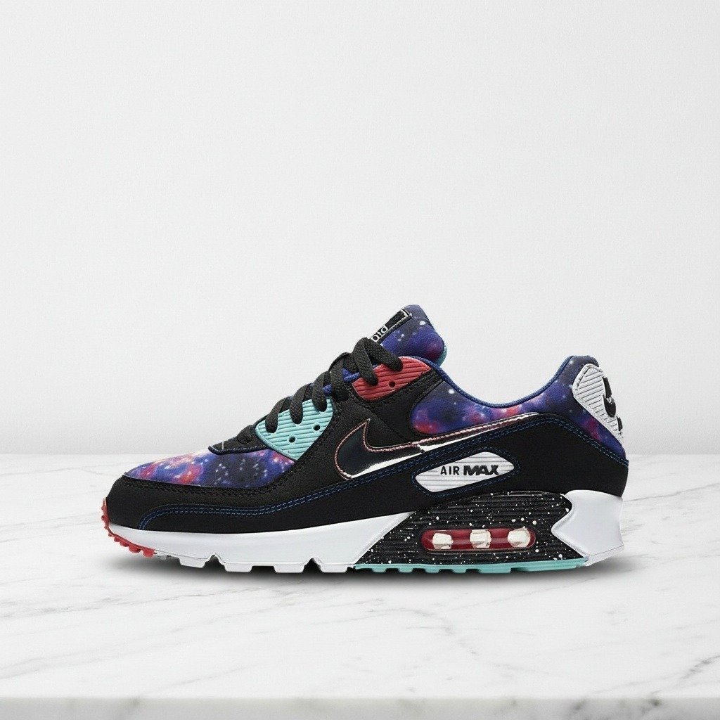 Buty Nike Air Max 90 Supernova, wygodne sneakersy unisex na co dzień, kosmiczny nadruk, chromowany język, poduszka powietrzna w pięcie, CW6018-001