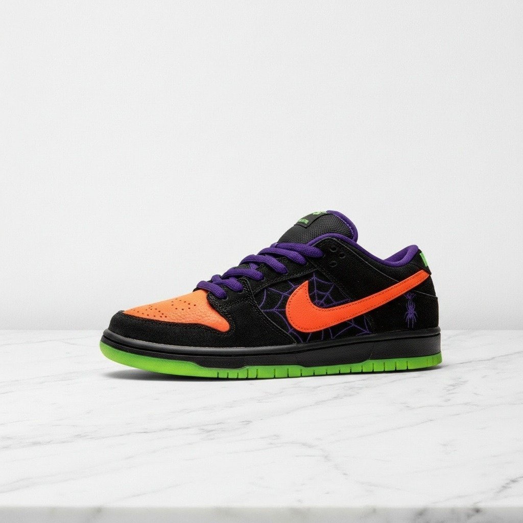 Buty Nike SB Dunk Low Night of Mischief na co dzień, wygodne sneakersy unisex, czarno pomarańczowe, dyniowe perforacje, BQ6817-006