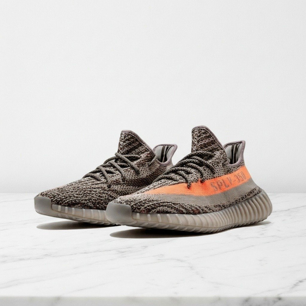 Buty Yeezy Boost 350 V2 Beluga od Adidas, wygodne sneakersy unisex na co dzień, szare z pomarańczowym akcentem, dzianina Primeknit BB1826