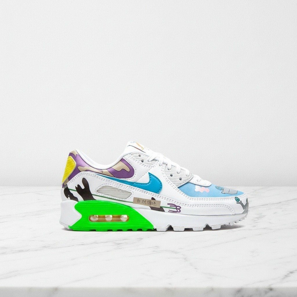 Nike Air Max 90 Flyleather QS Ruohan Wang, wygodne sneakersy męskie na co dzień, biało wielokolorowe, widoczna poduszka Air w pięcie CZ3992-900