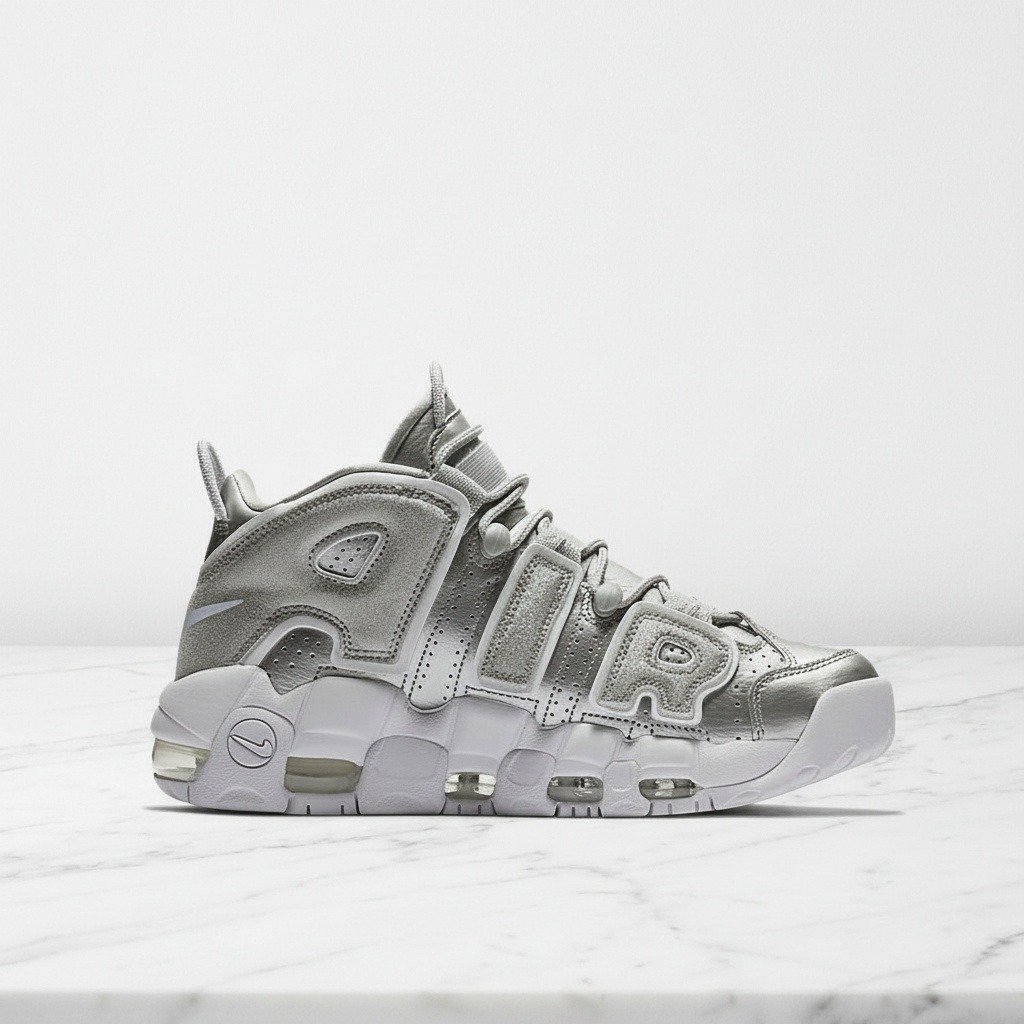 Buty damskie Nike Air More Uptempo Loud and Clear, srebrne, wygodne na co dzień, skórzane 917593-003
