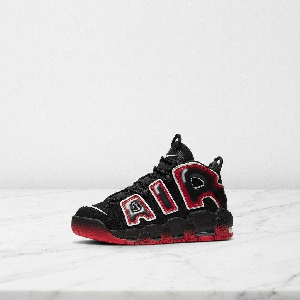 Buty Nike Air More Uptempo 96 na co dzień, kolor Spray Paint, czarno czerwone, wygodne unisex, CJ6129-001