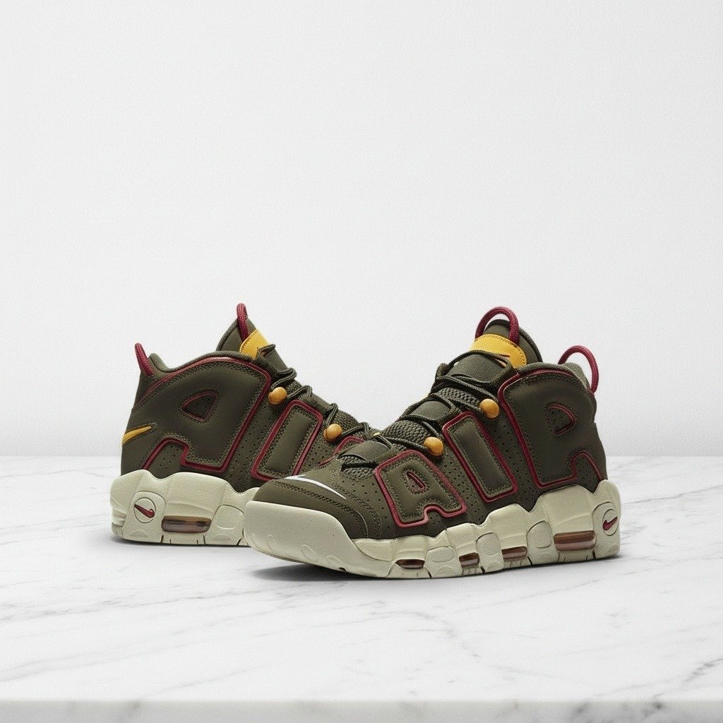 Buty Nike Air More Uptempo na co dzień, khaki z czerwonym, skóra i zamsz, unisex, wygodne, DH0622-300