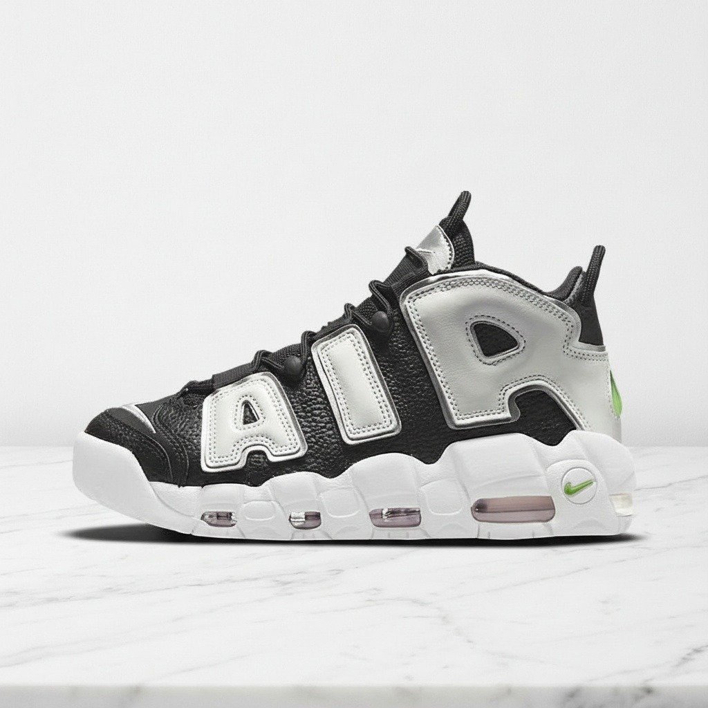 Buty Nike Air More Uptempo Black White Green na co dzień, wygodne sneakersy unisex, czarno biały, skóra i syntetyk, DN8008-001