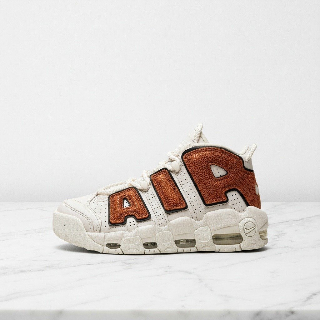 Buty Nike Air More Uptempo Basketball, wygodne sneakersy unisex na co dzień, biało brązowe, skórzana cholewka, sznurówki rope lace, DZ5227-001