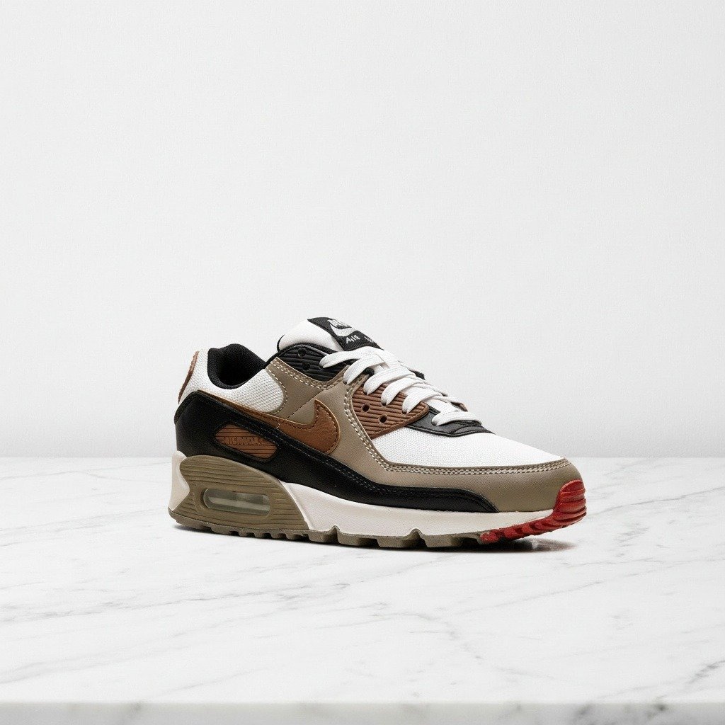 Buty sportowe na co dzień, Nike Air Max 90 Phantom Black Fire Red Light British Tan, unisex, biało brązowe, skóra i siatka, DH8010-005
