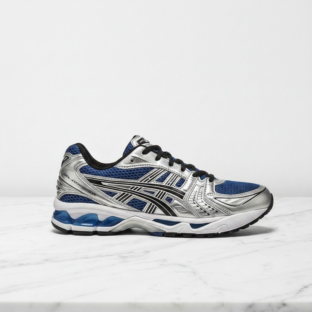Buty sportowe ASICS Gel-Kayano 14 Monaco Blue Silver, wygodne sneakersy unisex na co dzień, srebrno-niebieskie, 1201A019-401