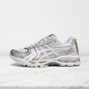 Buty ASICS GEL-Kayano 14 Silver White na co dzień, wygodne sneakersy unisex, siateczkowa cholewka, srebrne wstawki 1201A457-100
