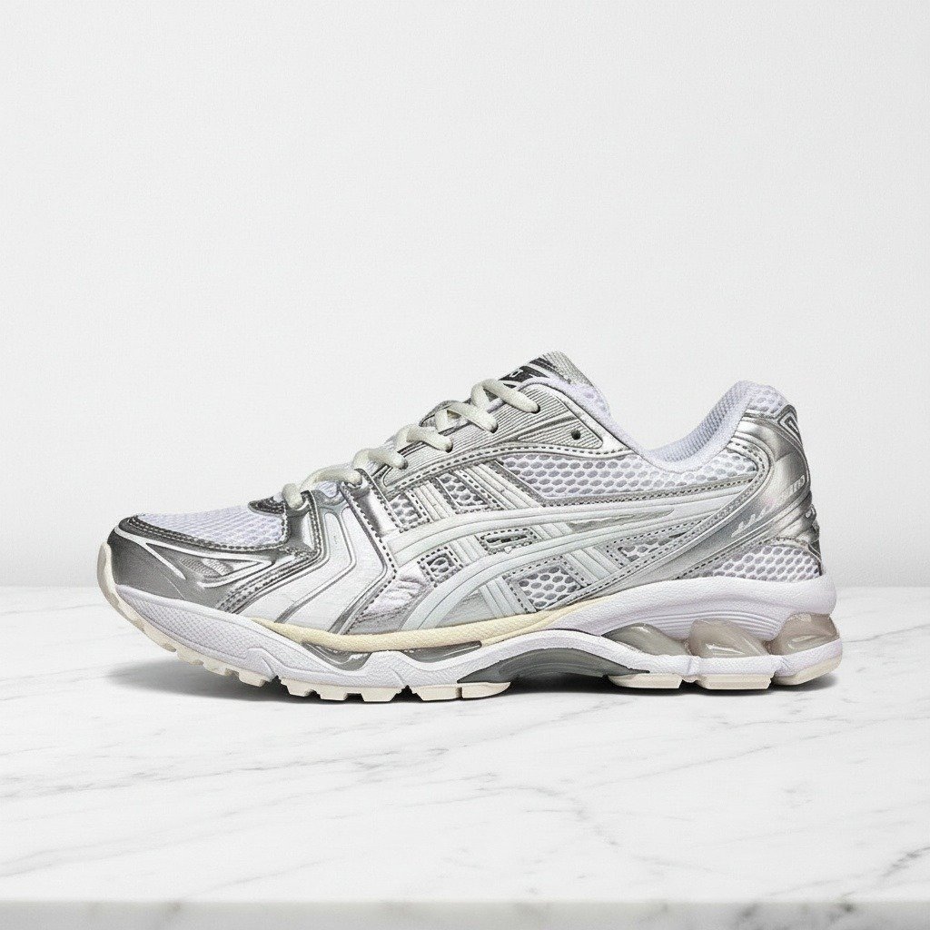 Buty ASICS GEL-Kayano 14 Silver White na co dzień, wygodne sneakersy unisex, siateczkowa cholewka, srebrne wstawki 1201A457-100