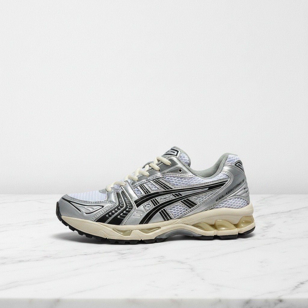 Buty ASICS GEL-Kayano 14 Jjjjound na co dzień, wygodne sneakersy unisex, biało srebrne, oddychająca siatka 1201A457-101