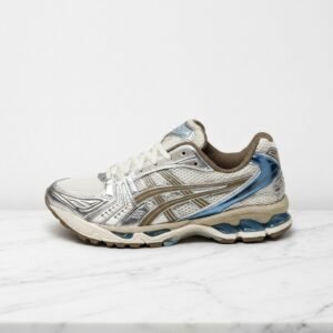 Asics GEL-Kayano 14 to wygodne sneakersy unisex na co dzień, kolor kremowy i srebrny, miękka siateczka, styl retro, 1202A056-113