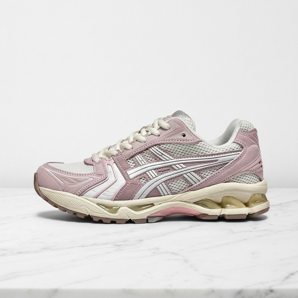 Buty sportowe ASICS GEL-Kayano 14 dla niej i dla niego, różowo-kremowe, wygodne na cały dzień, siatka i zamsz, 1202A105-100