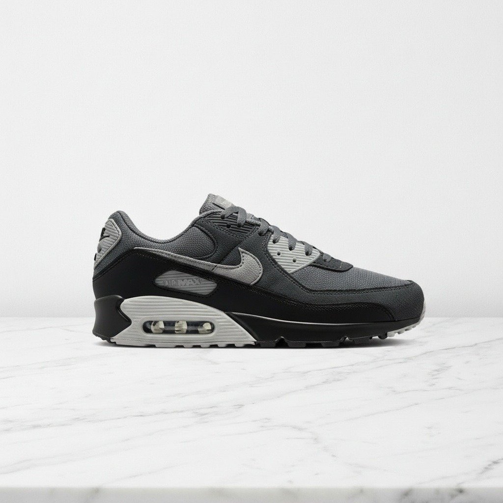 Buty Nike Air Max 90 Smoke Grey Black, wygodne sneakersy unisex na co dzień, szaro czarne, zamsz i siatka, miękki kołnierz DM0029-020