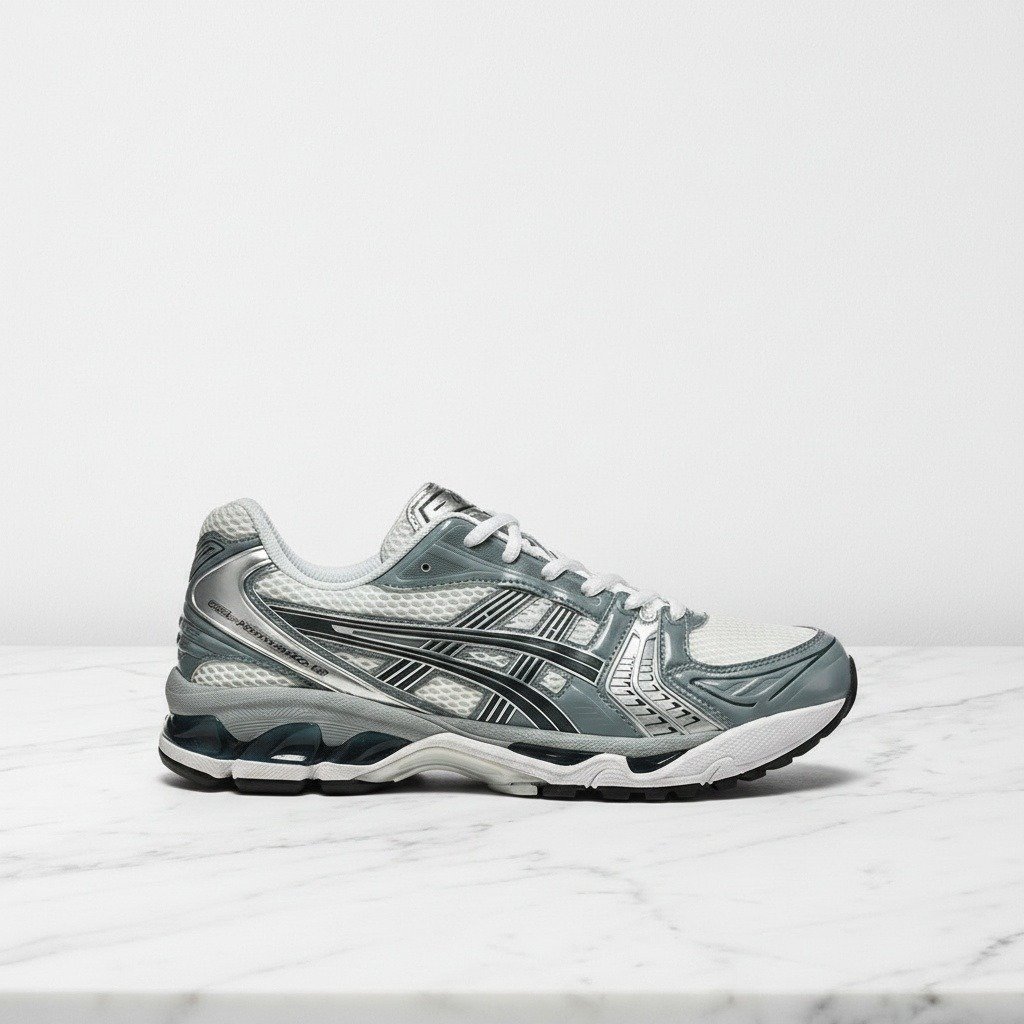 Buty sportowe na co dzień ASICS Gel-Kayano 14 White Fjord Grey, wygodne sneakersy unisex, srebrno szare, tekstyl i syntetyk, 1203A537-106