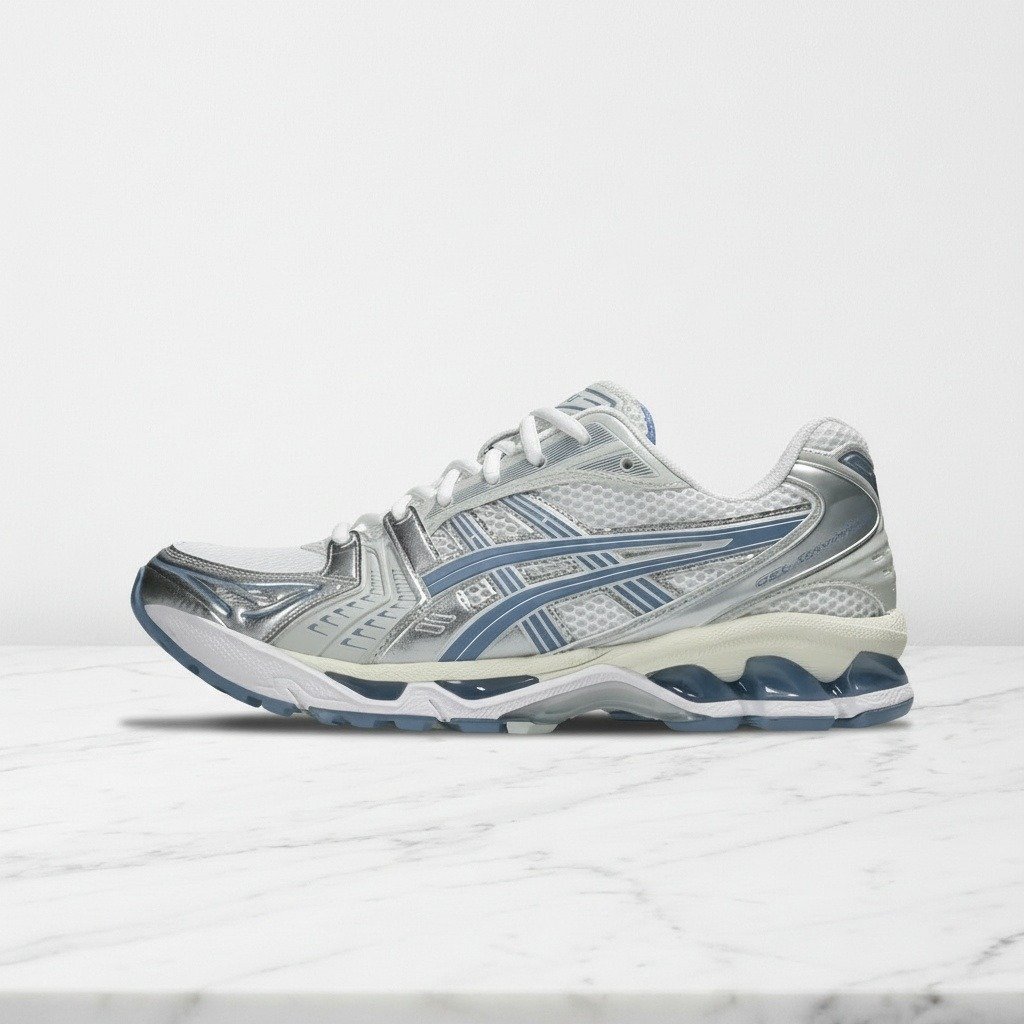 Buty ASICS Gel-Kayano 14 biało granatowe, wygodne sneakersy unisex na co dzień, tekstylny materiał, do wielu stylizacji 1203A537-115