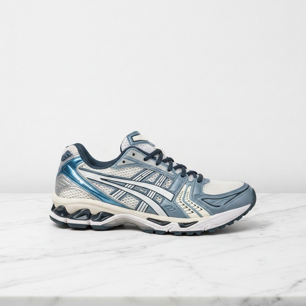 Buty Asics GEL-Kayano 14 Cream Raw Indigo na co dzień, wygodne sneakersy unisex z amortyzacją żelową, kremowo-niebieskie 1203A537-116