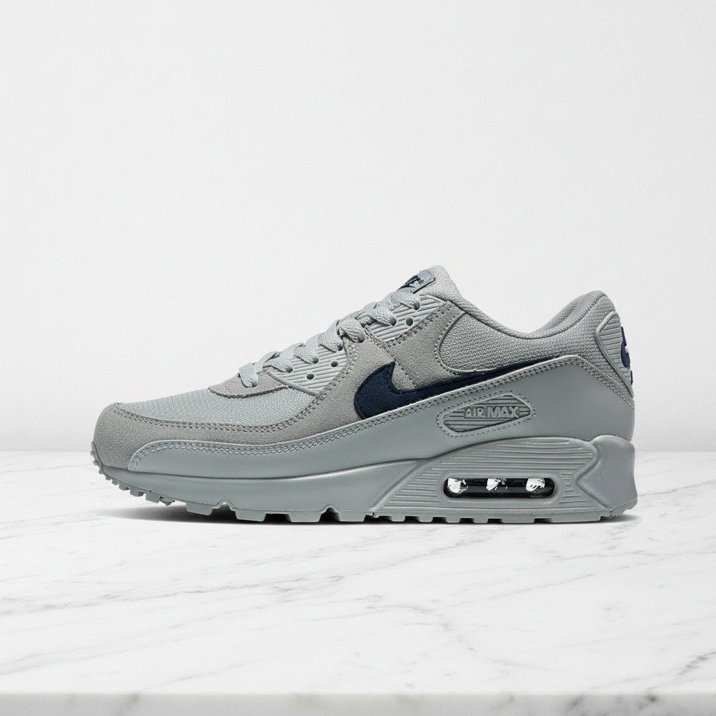 Buty na co dzień dla niego, Nike Air Max 90, szaro granatowe, siatka i zamsz, wygodne na cały dzień, DM0029-022
