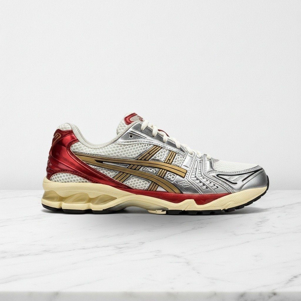 Buty ASICS GEL-Kayano 14 Cream Pure Gold na co dzień, wygodne sneakersy unisex, srebrno czerwone, lekka siatka 1203A692-100