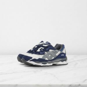 Buty sportowe ASICS GEL-NYC Cream Steel Grey na co dzień, unisex, biało granatowe, wygodna siatka i zamsz, 1201A789-100