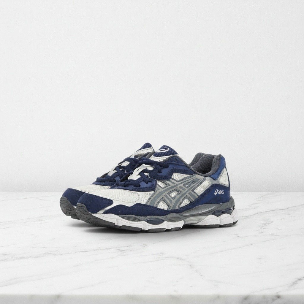 Buty sportowe ASICS GEL-NYC Cream Steel Grey na co dzień, unisex, biało granatowe, wygodna siatka i zamsz, 1201A789-100