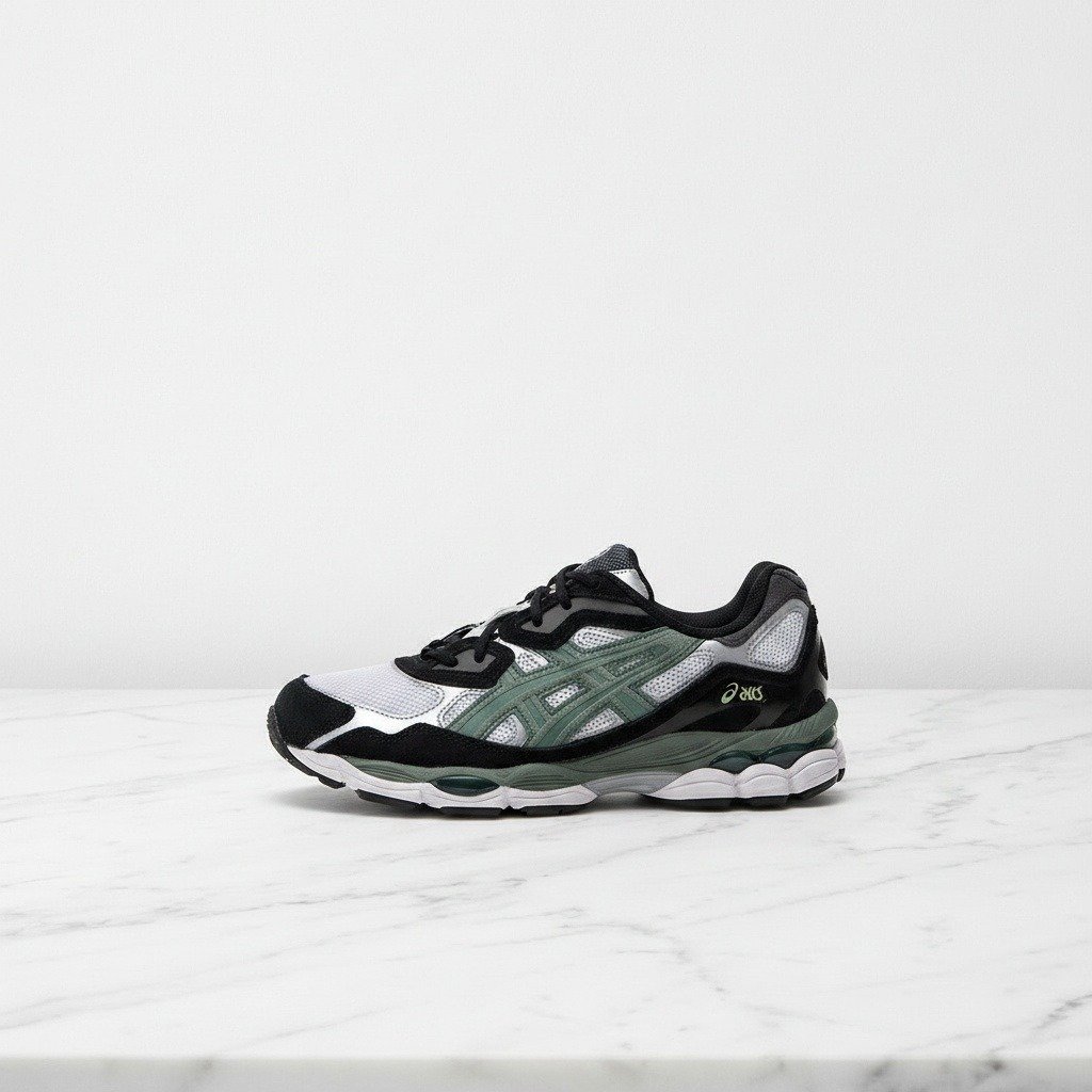 ASICS GEL-NYC White Ivy, wygodne sneakersy unisex na co dzień, czarno-zielone, siatka i eko skóra, 1201A789-101