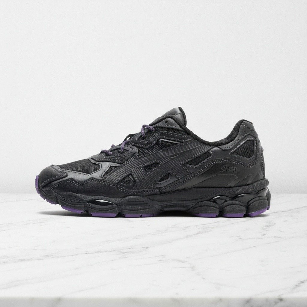 Cześć, oto Asics x Needles Gel-NYC Black dla niego, sneakersy na co dzień, skóra i nylon, czarno fioletowe 1201B008-001