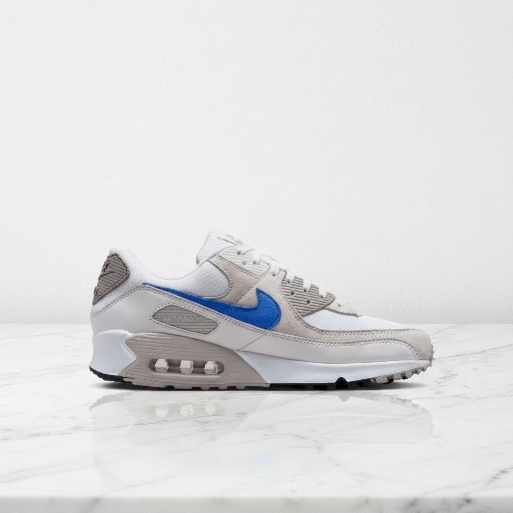 Buty Nike Air Max 90 College Grey Racer Blue, wygodne sneakersy na co dzień, biało-szare z niebieskim akcentem, unisex, DM0029-110