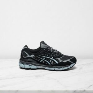 Buty sportowe ASICS GEL-NYC atmos Laguna Gem Blue Topaz, wygodne sneakersy unisex na co dzień, siatka i zamsz, czarno-szare 1203A577-001